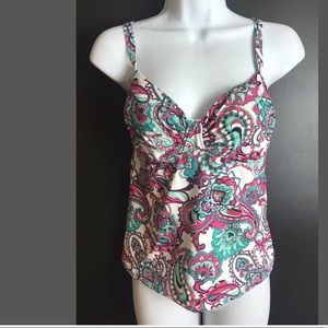 LANDS END 2D Tahiti Tankini Swimsuit Underwire Top Floral Sweetheart Pink Green